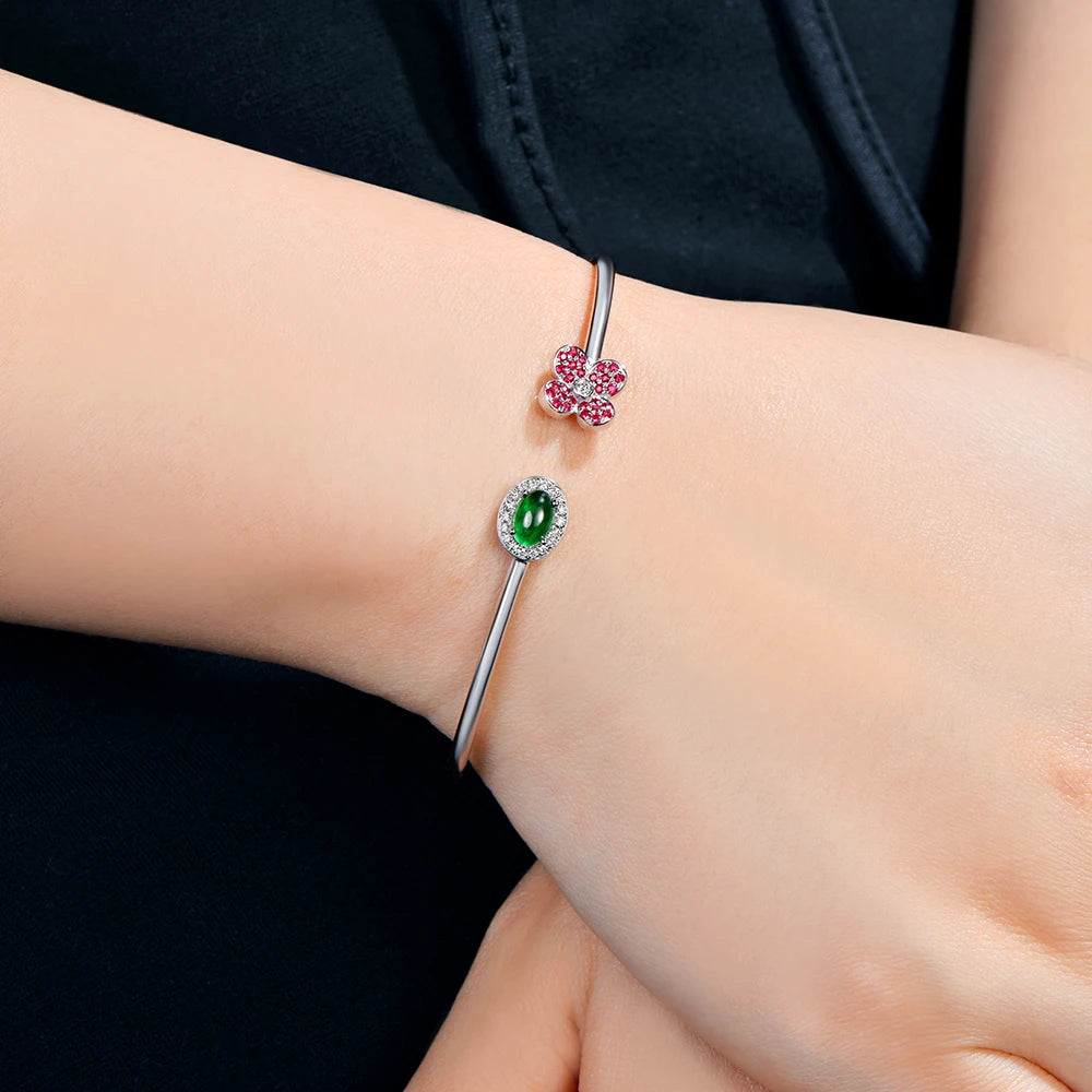 Jewelry 0.68ctw Oval Natural Emerald & 0.18ct Ruby 0.11ct Pave Diamond 18K White Gold Gemstone Bracelet