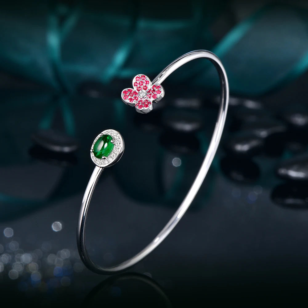 Jewelry 0.68ctw Oval Natural Emerald & 0.18ct Ruby 0.11ct Pave Diamond 18K White Gold Gemstone Bracelet