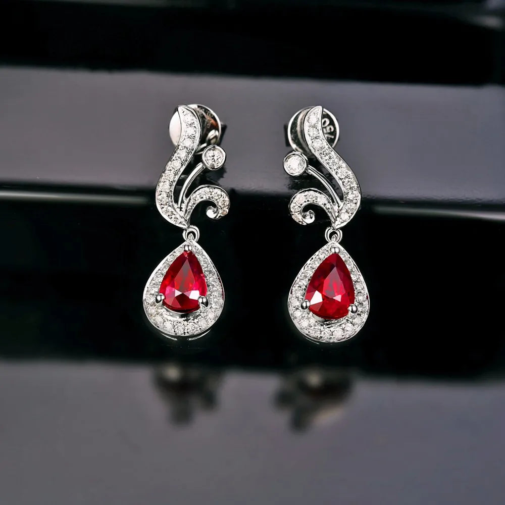 18KT White Gold 4x6mm Pear Cut 0.86ct Ruby & 0.29ct Diamond Engagement Earrings