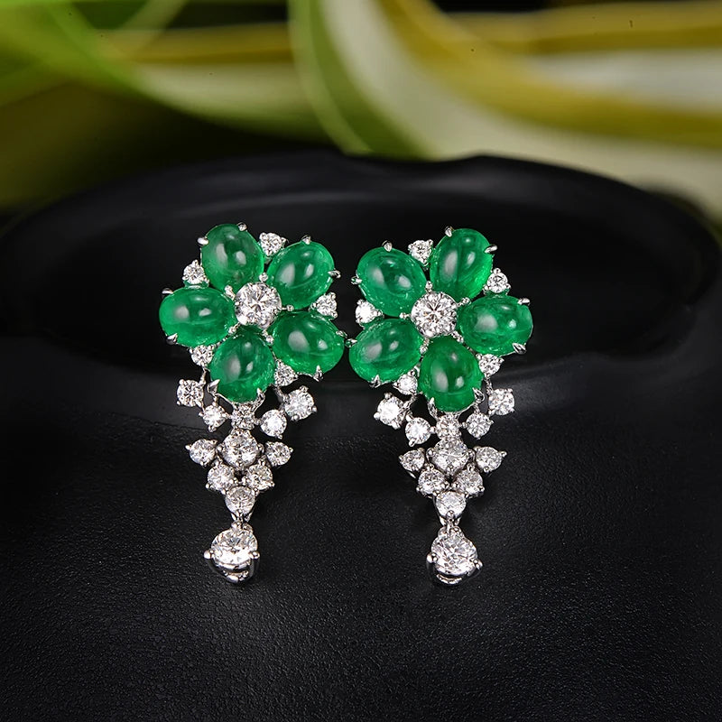 Natural 3.91ctw Cabochon Emeralds 1.0ct Brilliant Cut Diamonds 18kt Gold Flower Drop Earrings for Women
