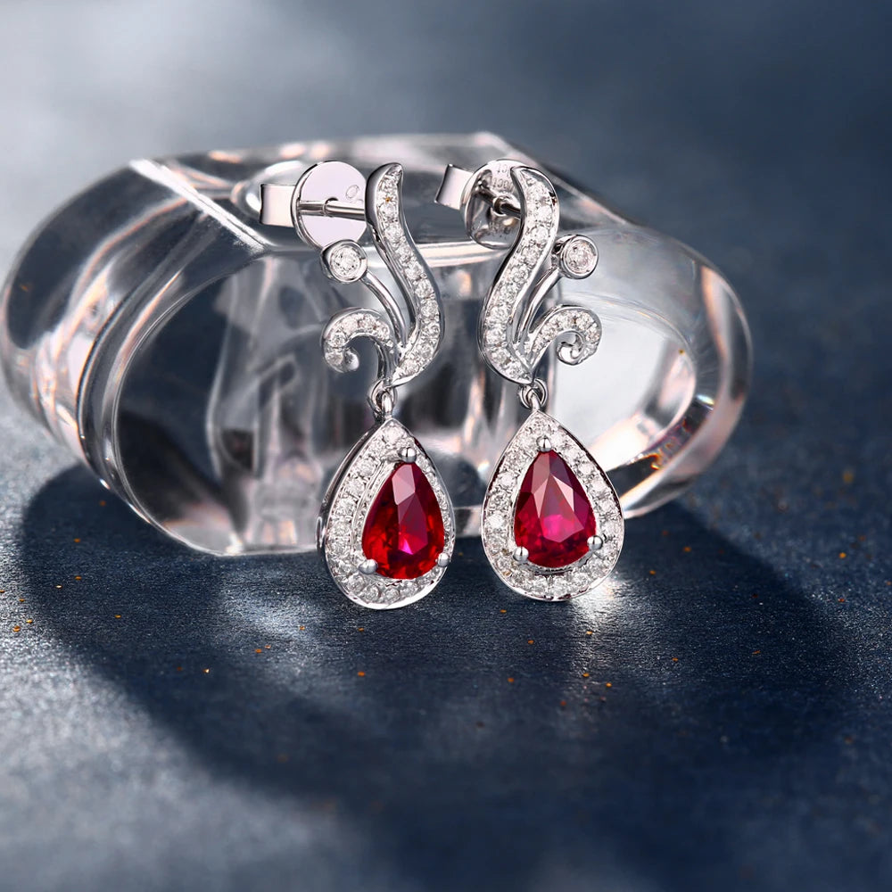 18KT White Gold 4x6mm Pear Cut 0.86ct Ruby & 0.29ct Diamond Engagement Earrings