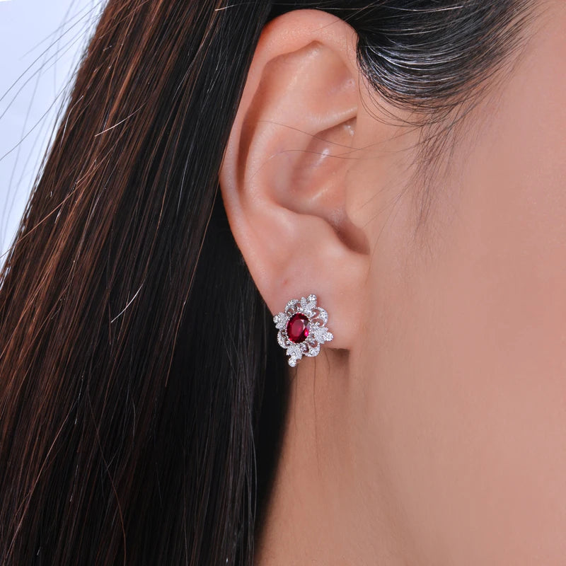 Natural 0.93ct Red Ruby Earrings H SI Diamond Vintage Milgrain Design 18kt White Gold Exquisite