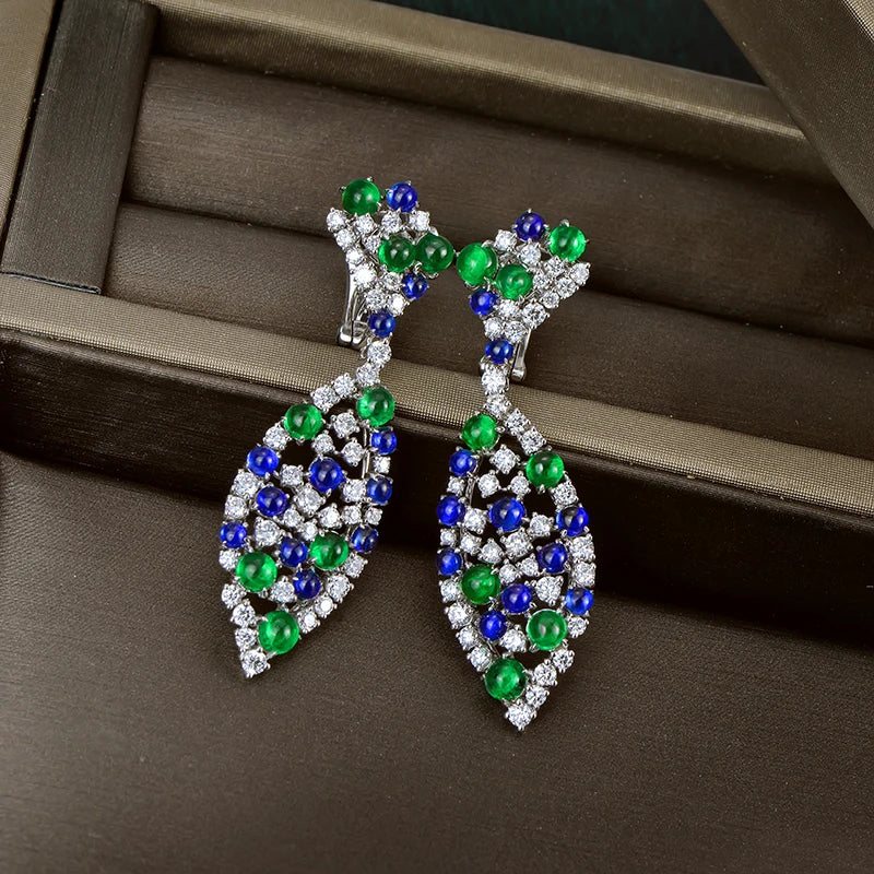 Natural 9.28ctw Cabochon Round Sapphires Emeralds and Diamonds Earrings 18kt Gold Retro English Lock For Women