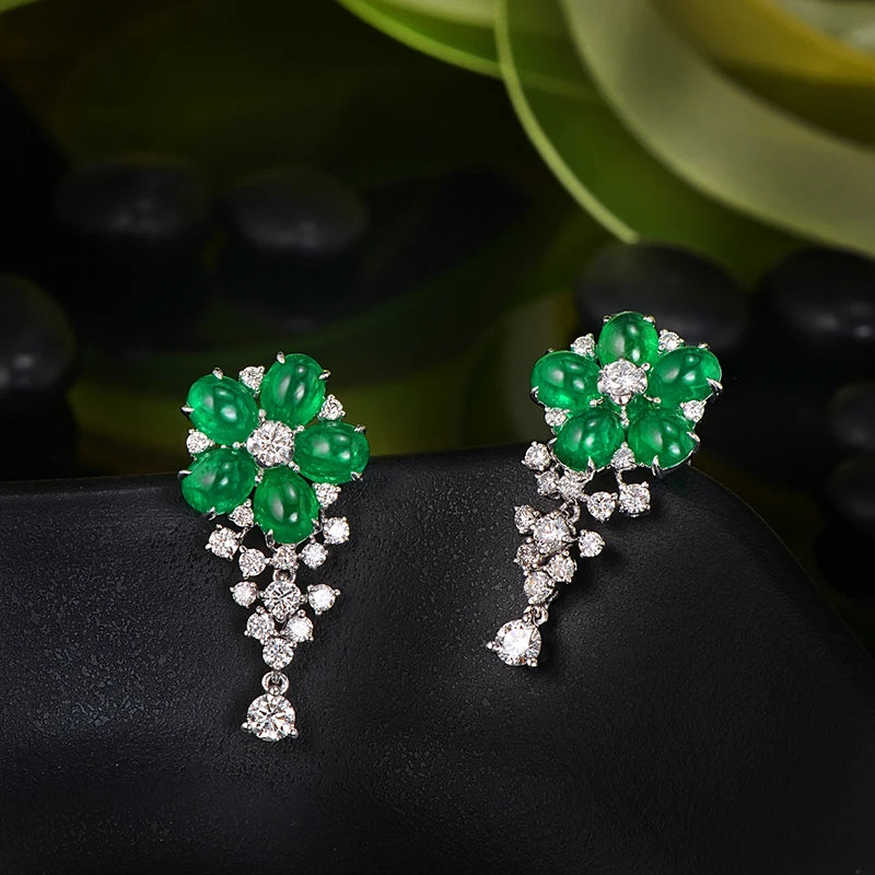 Natural 3.91ctw Cabochon Emeralds 1.0ct Brilliant Cut Diamonds 18kt Gold Flower Drop Earrings for Women