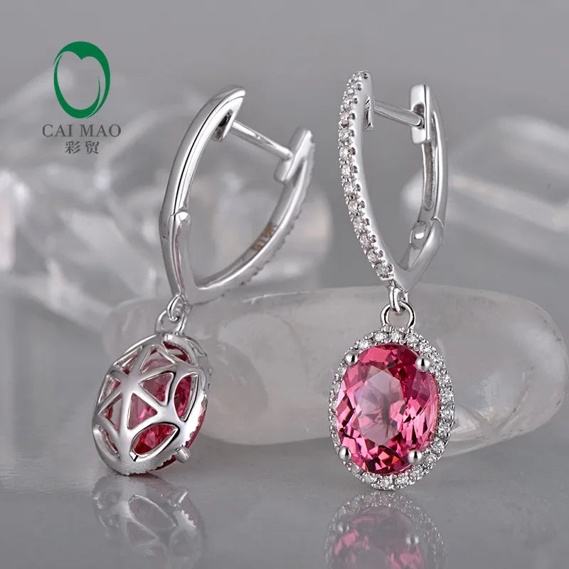 Jewelry 18KT White Gold 6x8mm Oval Cut 2.16ct Pink Tourmaline & 0.30ct Diamond Engagement Earrings