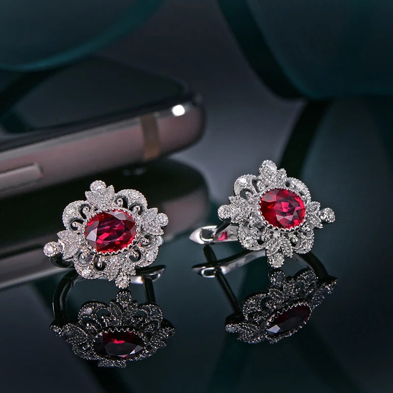 Natural 0.93ct Red Ruby Earrings H SI Diamond Vintage Milgrain Design 18kt White Gold Exquisite