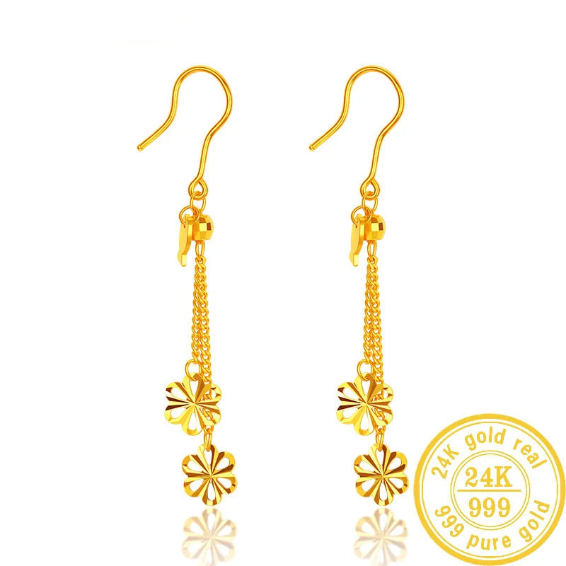 24K Pure Gold Earring Real AU 999 Solid Gold Earrings Nice Good Tassel Upscale Trendy Fine Jewelry