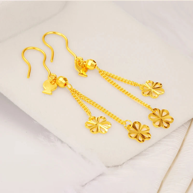 24K Pure Gold Earring Real AU 999 Solid Gold Earrings Nice Good Tassel Upscale Trendy Fine Jewelry