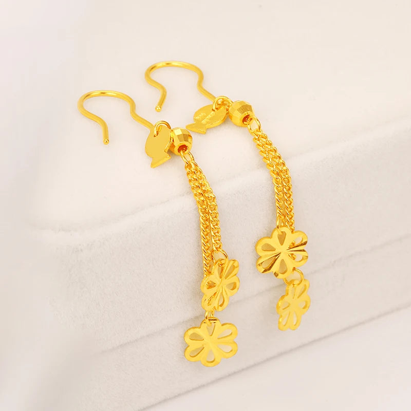 24K Pure Gold Earring Real AU 999 Solid Gold Earrings Nice Good Tassel Upscale Trendy Fine Jewelry