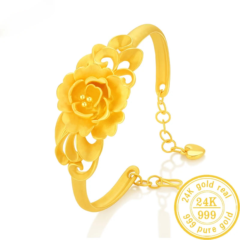 24K Pure Gold Bracelet Real 999 Solid Gold Bangle Flower Beautiful Rose Classic Jewelry