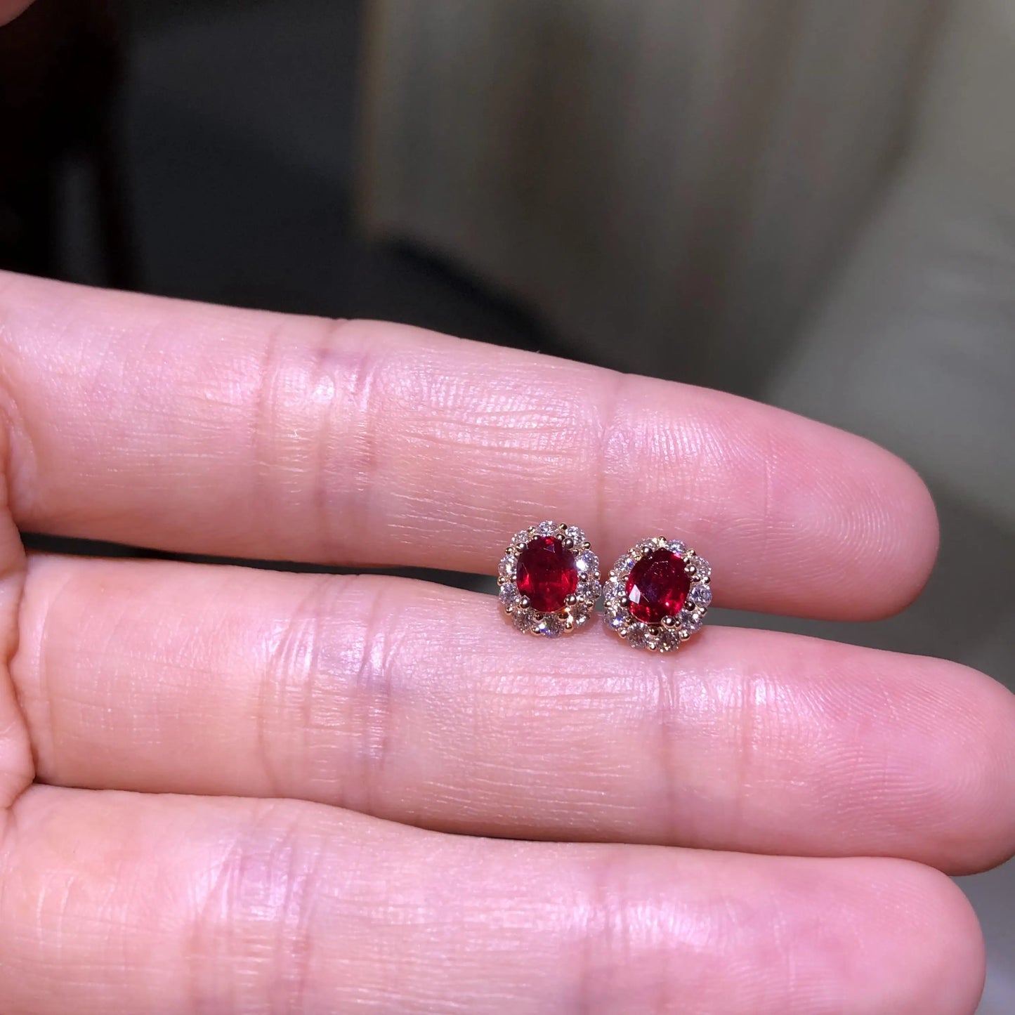Natural Mozambique Classic Wild Colors Colorful Pigeon Blood Ruby 18K Gold Halo Diamond Stud Earrings