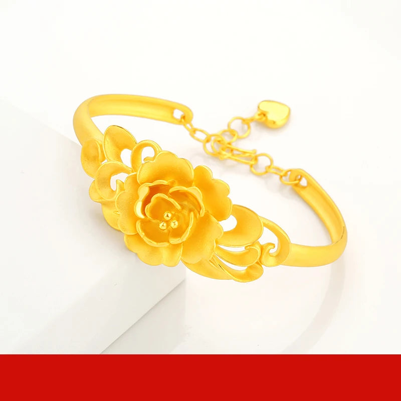 24K Pure Gold Bracelet Real 999 Solid Gold Bangle Flower Beautiful Rose Classic Jewelry