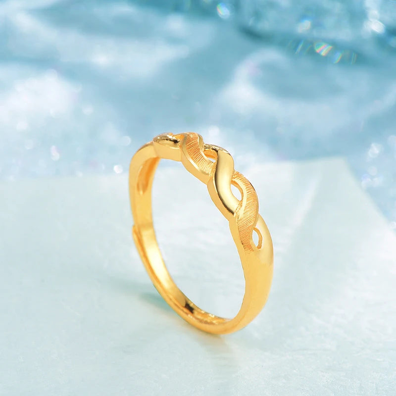 24K Gold Ring Fine Jewelry Real Pure Au999 Female Resizable Twist Ring Trendy