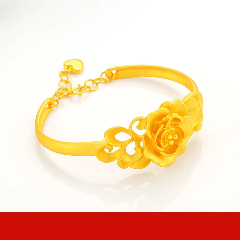 24K Pure Gold Bracelet Real 999 Solid Gold Bangle Flower Beautiful Rose Classic Jewelry
