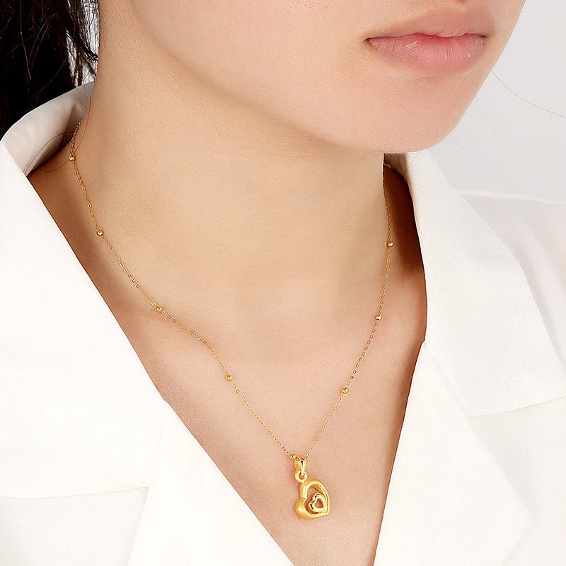 Solid 999 24K Yellow Gold Pendant 3D Gold Heart Necklace Pendant