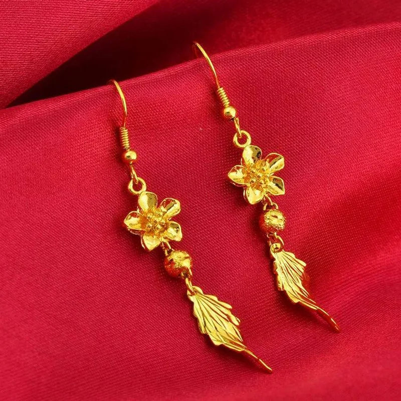 High quality 999 solid gold earrings 24K Bauhinia leaf real gold earrings AU750 luxury quality jewelry