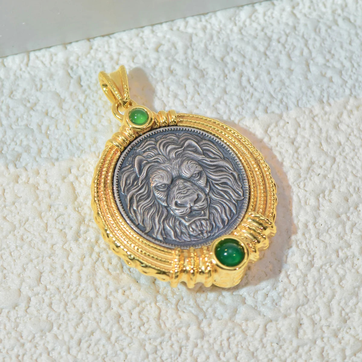 18K Gold Necklace Ancient Coin Pendant Round Lion Head & Bird AU750 Yellow Gold Pendant Women's Fine Jewelry
