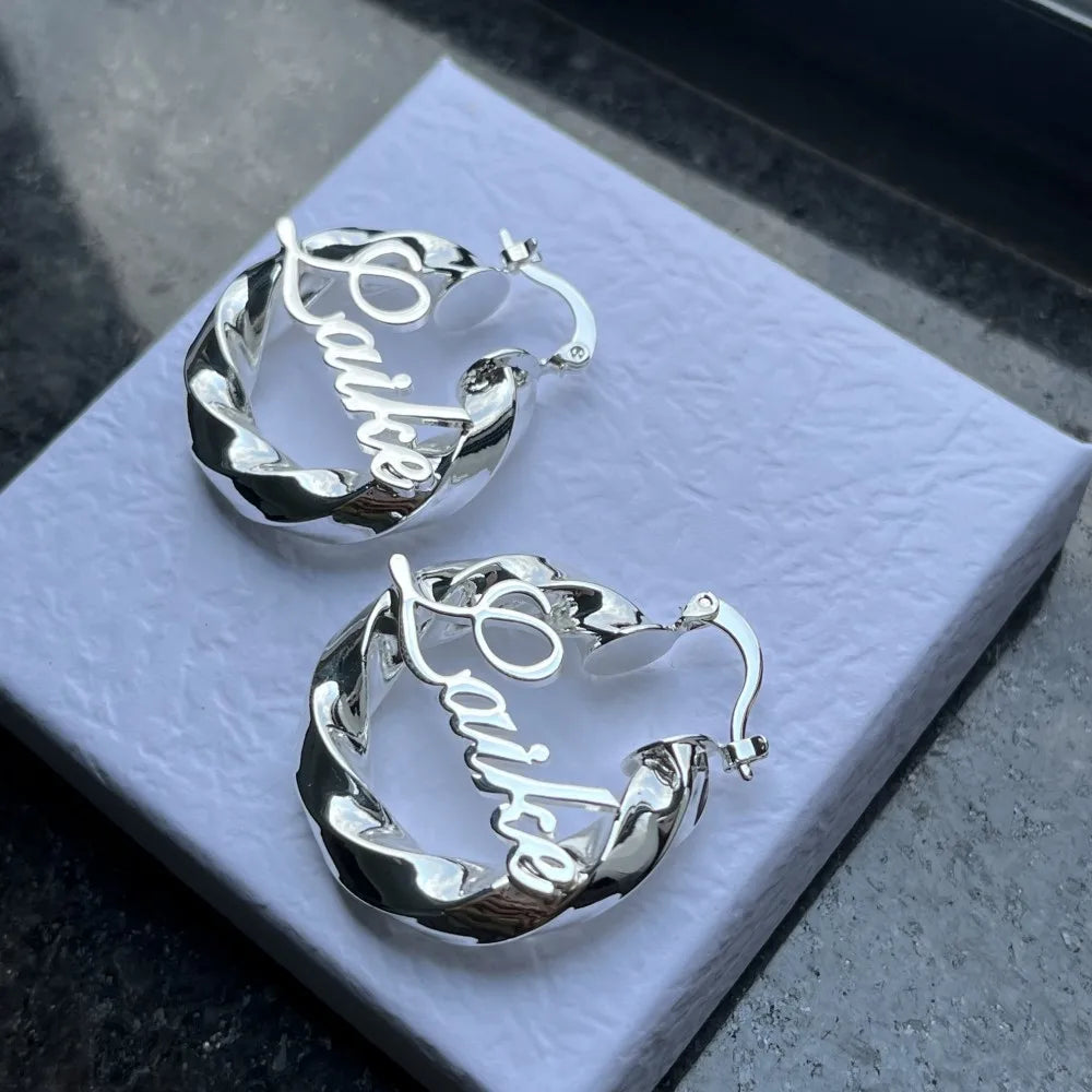 Custom Nameplate Earrings Hoop Personalized Letter 30mm Twist Earring Stainless Steel Jewelry Gift for Baby Girls