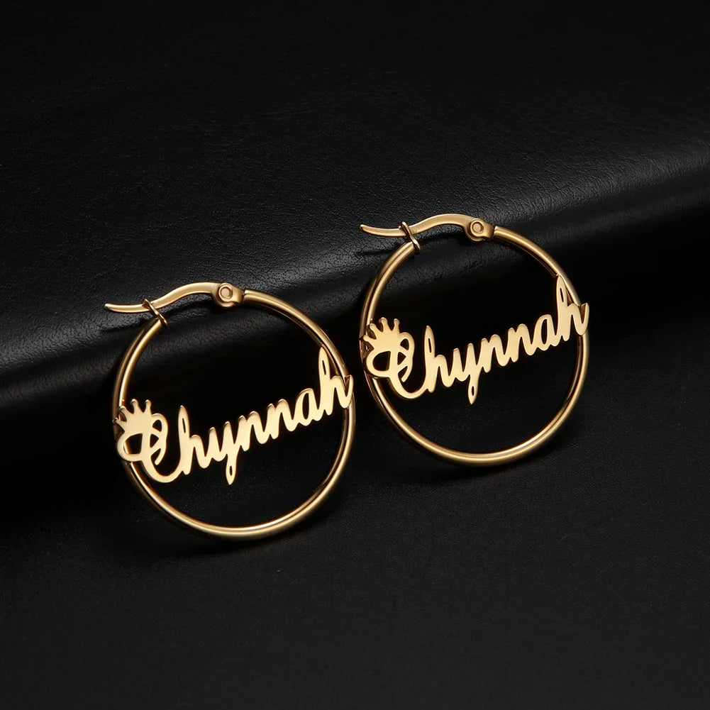 Lucktune Custom Name Hoop Earrings Stainless Steel Personalized Letter Nameplate Circle Earrings for Women Fashion Party Jewelry