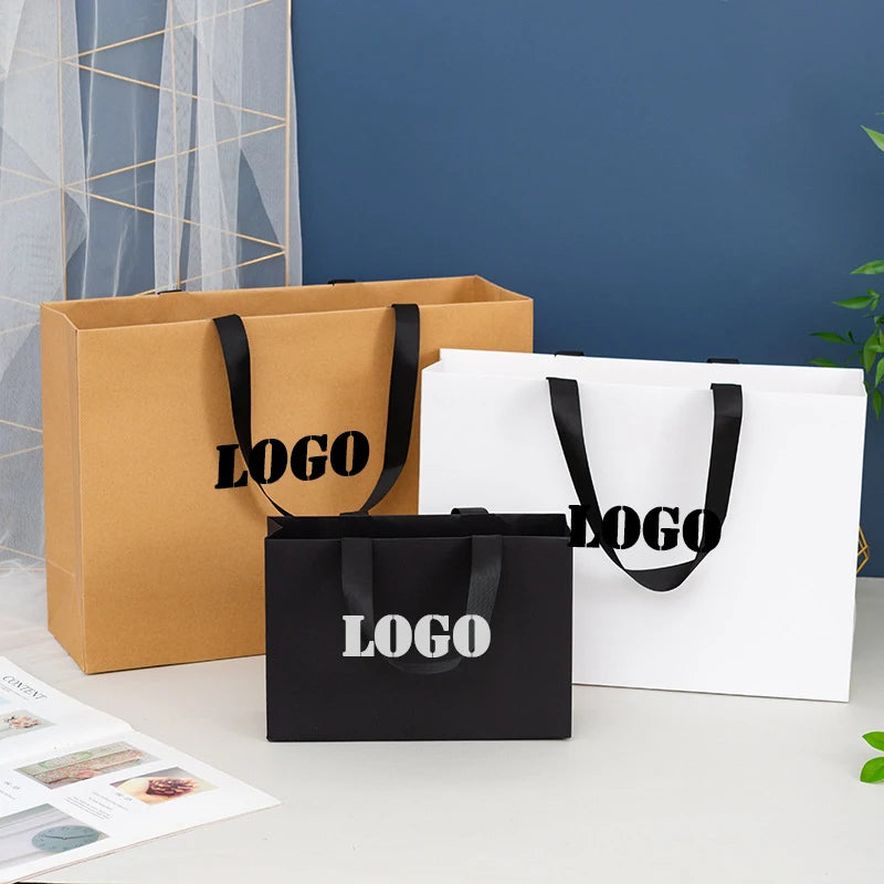 5Pcs High Quality Custom Logo Gift bag Shopping bags For Small Business Packages Personization Wig Clothing Package Kraft Bags