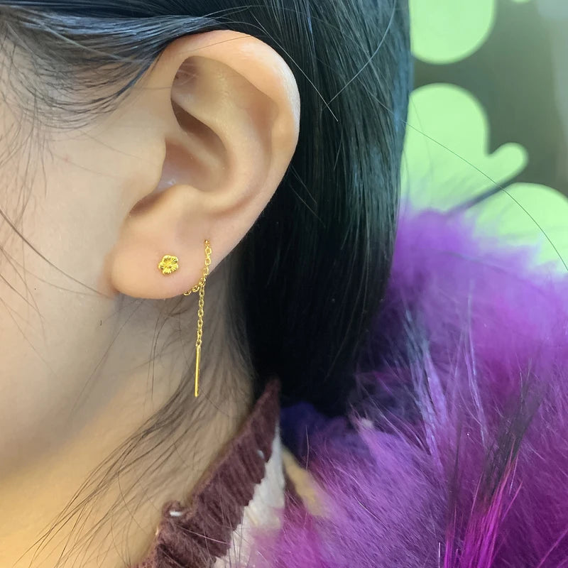 Pure Solid Gold Earrings Drop For Women Real 24K Yellow Gold Small Flower Delicate O-link Gold Earrings Line 3cm/4cm/8cm/10cmL