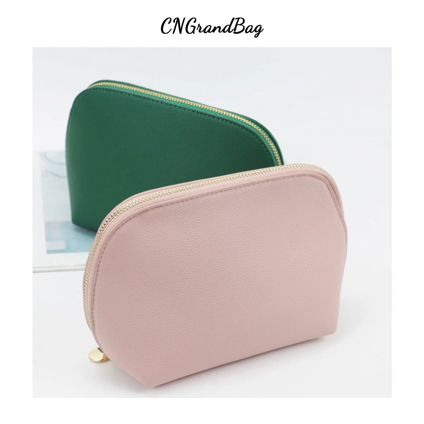 Customized Letters PU Leather Half Round Shell Makeup Bag Large Capacity High Beauty Travel Portable Women's Cosmetic Bag