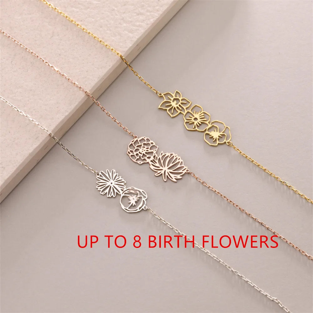Personalized Birth Flower Bracelet Women Custom Family Birth Floral Bracelet Stainless Steel Jewelry Girl Birthday Gifts for Mom