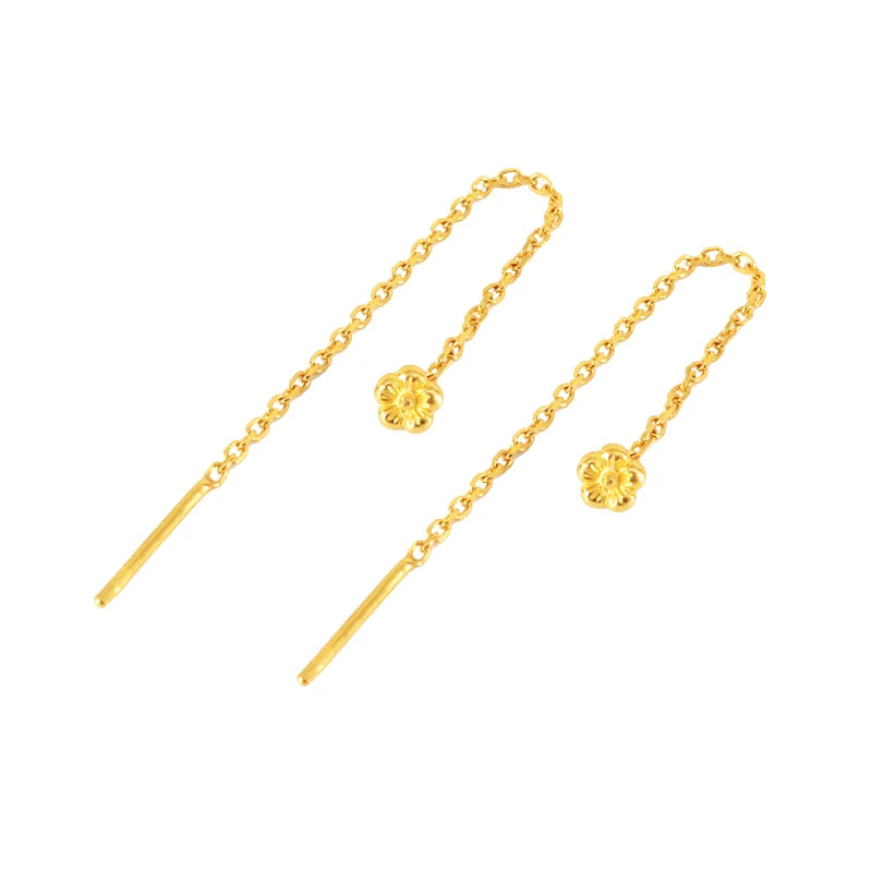 Pure Solid Gold Earrings Drop For Women Real 24K Yellow Gold Small Flower Delicate O-link Gold Earrings Line 3cm/4cm/8cm/10cmL