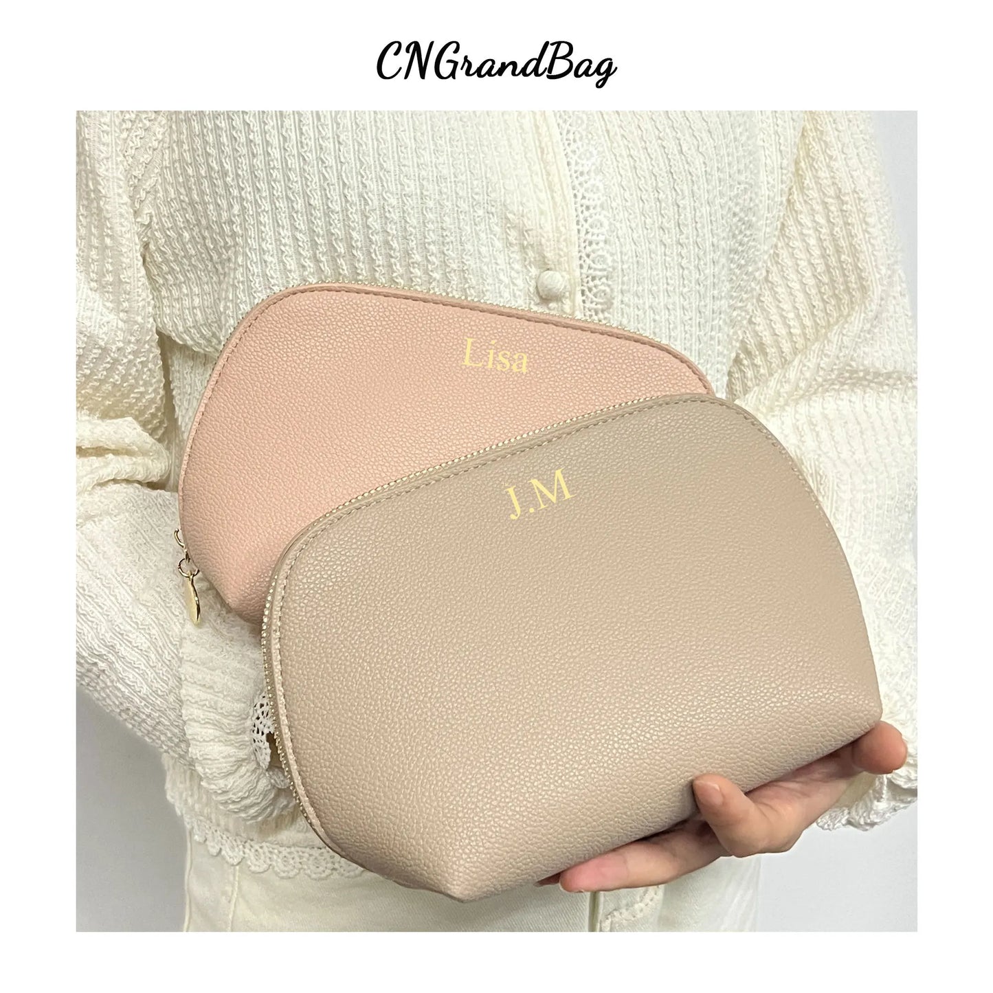 Customized Letters PU Leather Half Round Shell Makeup Bag Large Capacity High Beauty Travel Portable Women's Cosmetic Bag