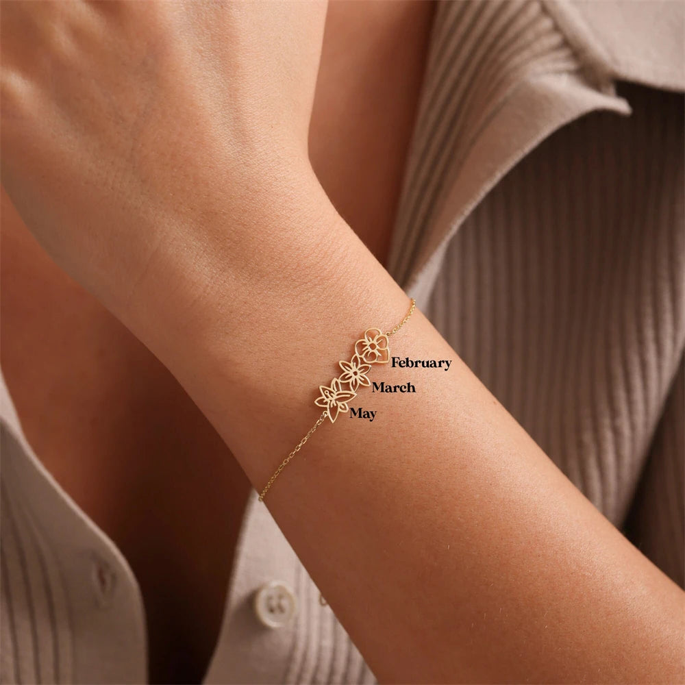 Personalized Birth Flower Bracelet Women Custom Family Birth Floral Bracelet Stainless Steel Jewelry Girl Birthday Gifts for Mom
