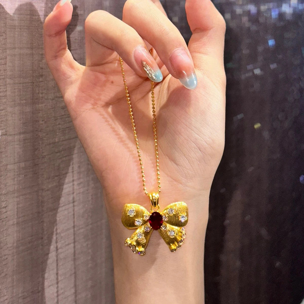 Naturel Garnet 18K Gold Necklaces for Women AU750 Bowknot Yellow Gold Pendant for Anniversary Custom New