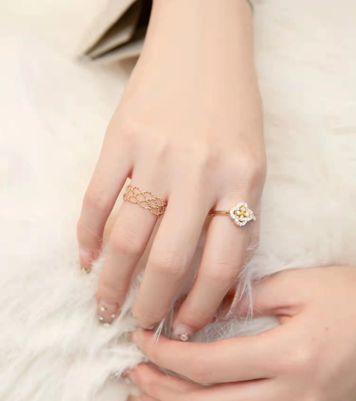 Au750 18K Yellow Gold Jewelry Real 18K Yellow Gold Ring For Women Woven Mesh Beaded Ring US 4-8