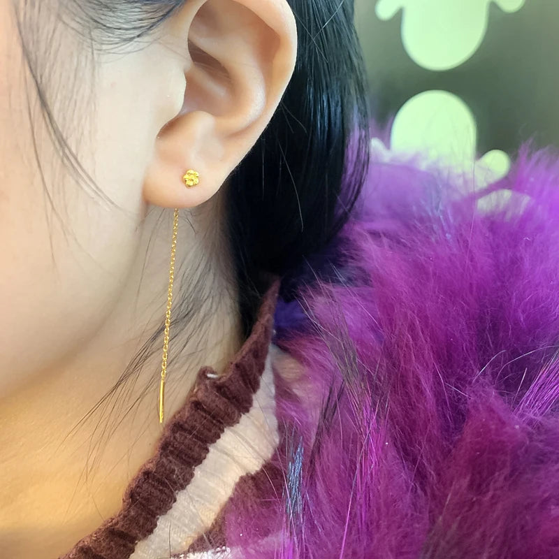 Pure Solid Gold Earrings Drop For Women Real 24K Yellow Gold Small Flower Delicate O-link Gold Earrings Line 3cm/4cm/8cm/10cmL