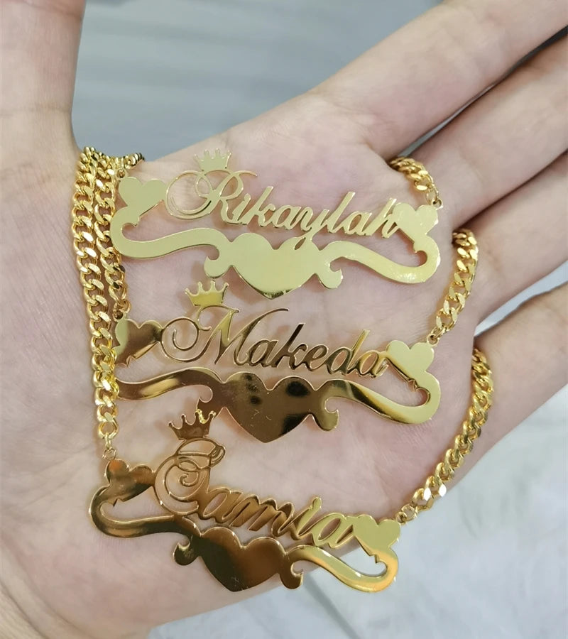 Collier personnalisé avec nom en forme de cœur et ruban en forme de cœur, pendentif en forme de couronne en acier inoxydable, bijoux pour femmes, cadeaux pour meilleurs amis