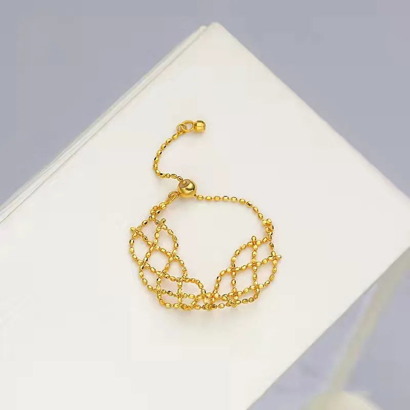 Au750 18K Yellow Gold Jewelry Real 18K Yellow Gold Ring For Women Woven Mesh Beaded Ring US 4-8