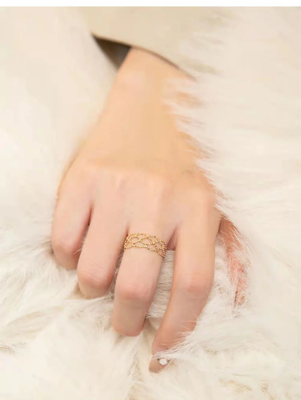 Au750 18K Yellow Gold Jewelry Real 18K Yellow Gold Ring For Women Woven Mesh Beaded Ring US 4-8