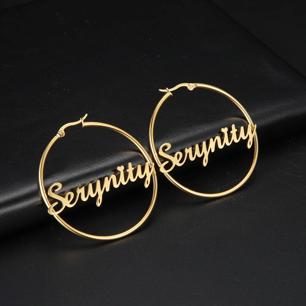 Lucktune Custom Name Hoop Earrings Stainless Steel Personalized Letter Nameplate Circle Earrings for Women Fashion Party Jewelry