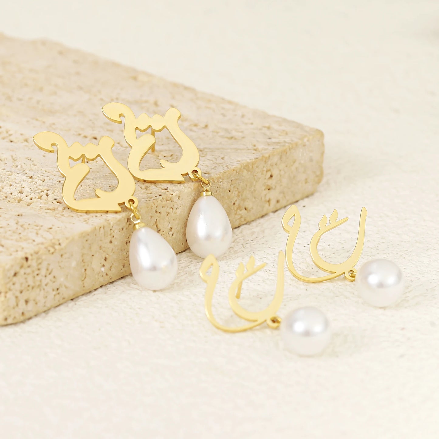 Personalized Arabic Name Pearl Earrings Stainless Steel Oval Pearl Dangle Earrings Women Everyday Jewelry Eid Gifts for Mother