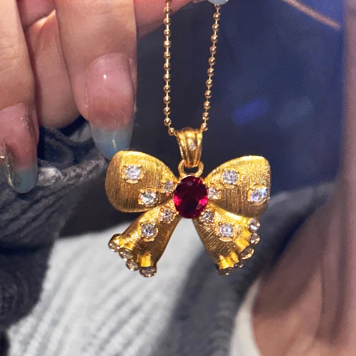 Naturel Garnet 18K Gold Necklaces for Women AU750 Bowknot Yellow Gold Pendant for Anniversary Custom New