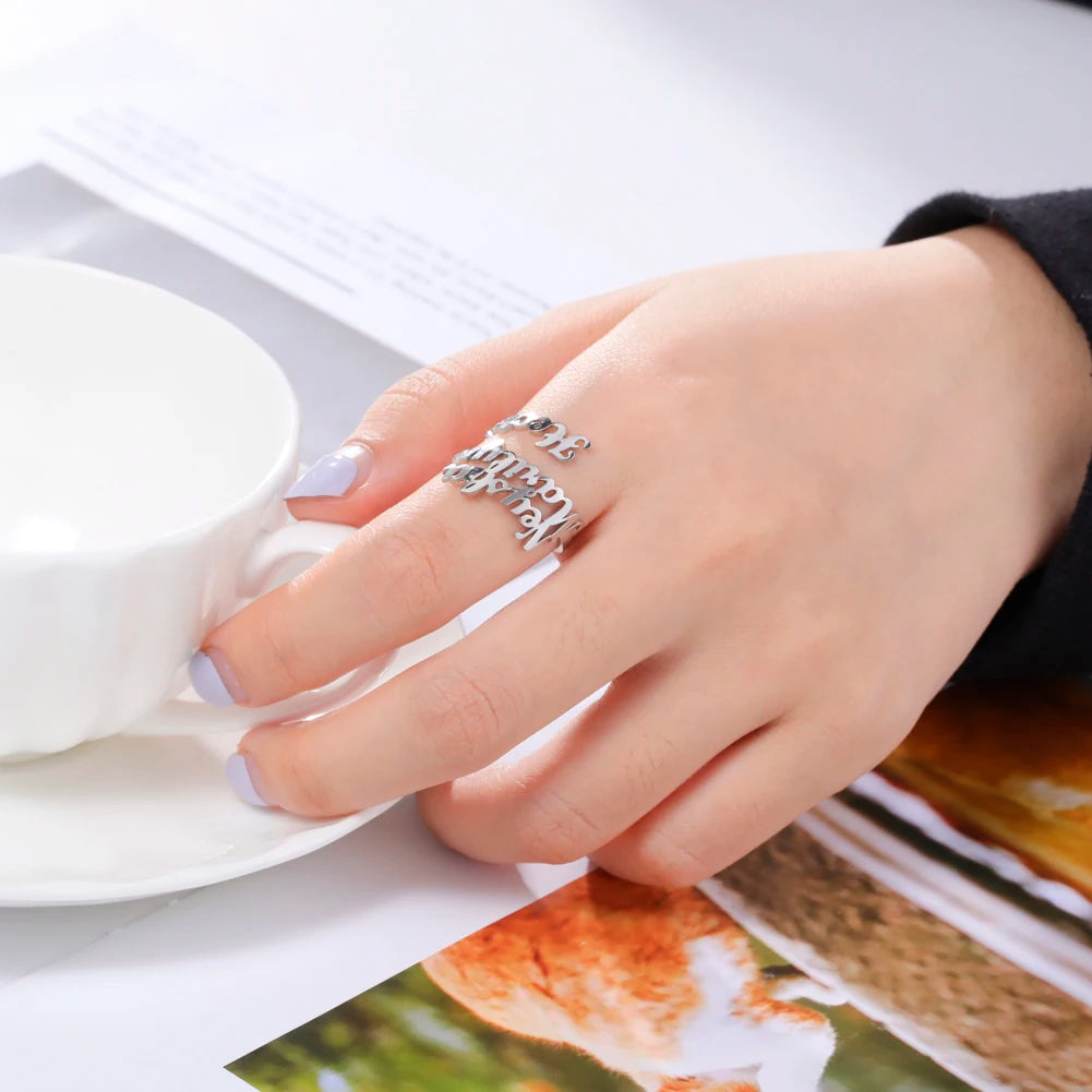 Bague avec nom personnalisé pour femmes et hommes, bijoux de doigt personnalisés, accessoires en acier inoxydable, bagues avec plusieurs noms doubles, cadeau de famille
