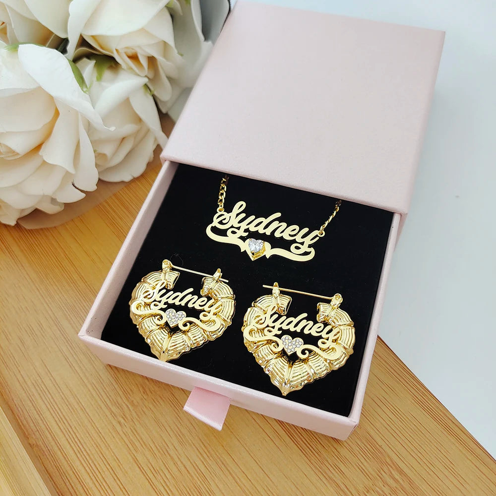 2023 Custom Name Jewelry Sets Stainless Steel Heart Bamboo Earrings and Zircon Necklace with Letters Women Children's Gifts