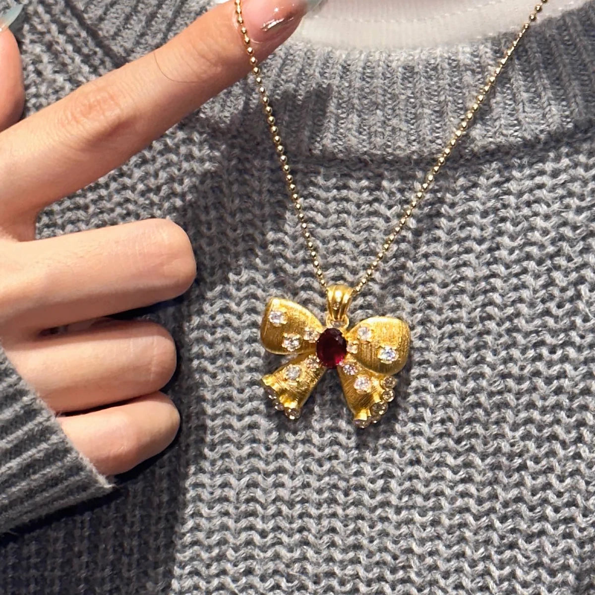 Naturel Garnet 18K Gold Necklaces for Women AU750 Bowknot Yellow Gold Pendant for Anniversary Custom New