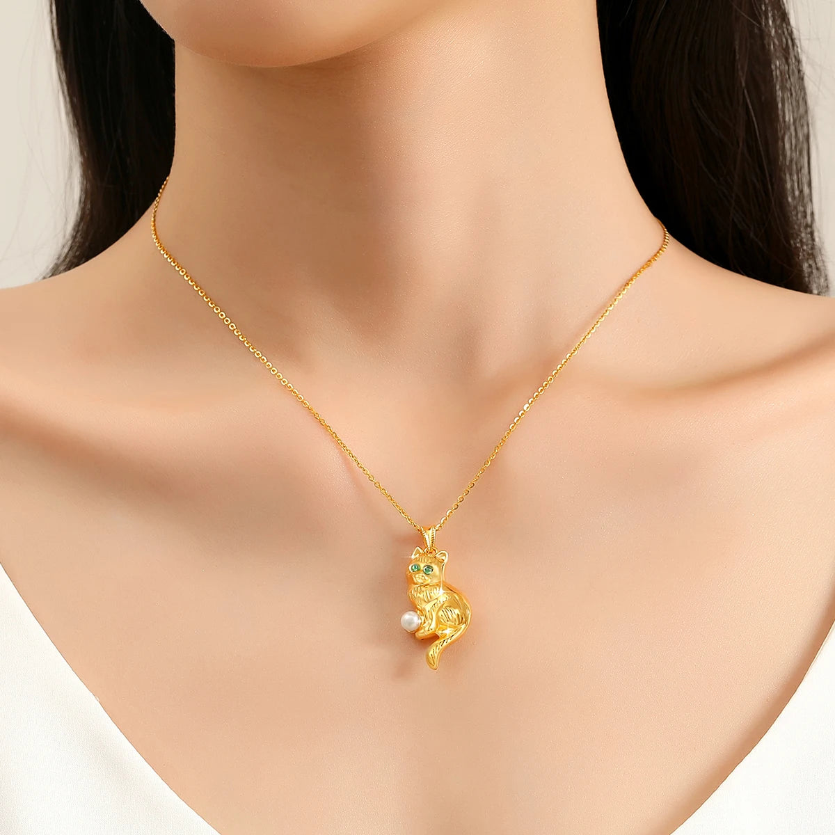 100% Genuine Cat Pendant 18K Gold Pearl Necklace Original Design for Women Anniversary Party Gift Fine Jewelry