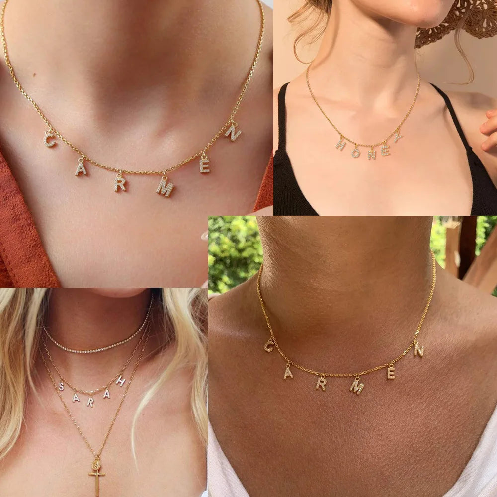 Collier personnalisé avec nom DIY pour femme, pendentif en zircon, en acier inoxydable, breloques de déclaration initiales