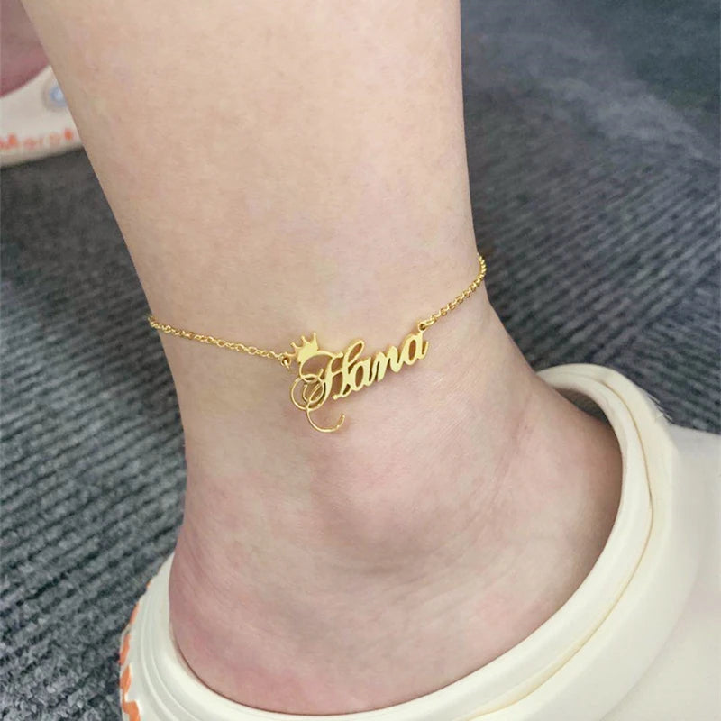 Personalized Butterfly Crown Name Anklet Women Girl Stainless Steel Custom Nameplate Ankle Bracelet Jewelry Birthday Gifts