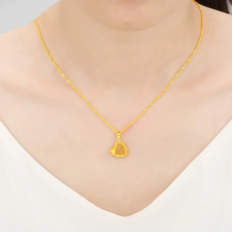 24K Pure Gold Pendant Real AU 999 Solid Gold Charm Beautiful Heart Line Classic Fine Jewelry