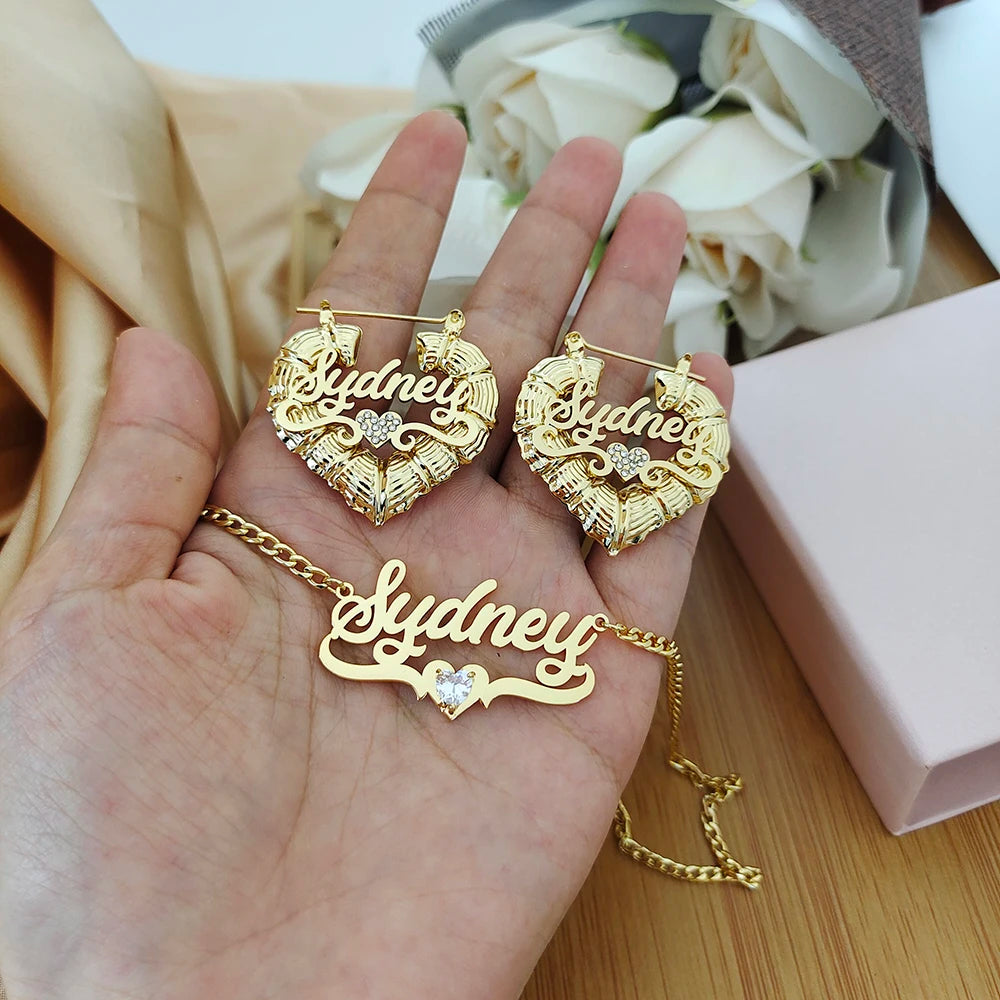 2023 Custom Name Jewelry Sets Stainless Steel Heart Bamboo Earrings and Zircon Necklace with Letters Women Children's Gifts