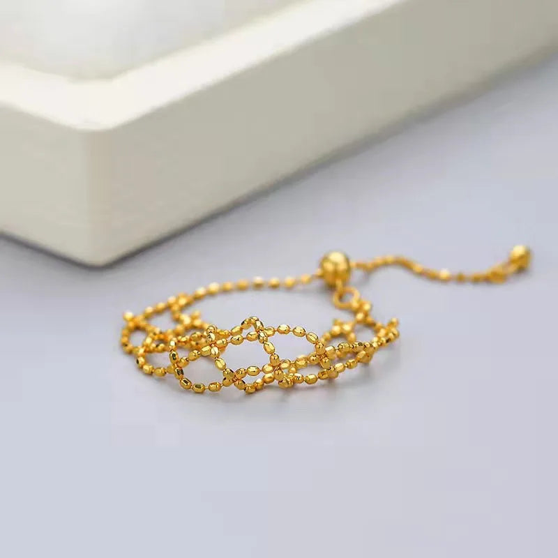 Au750 18K Yellow Gold Jewelry Real 18K Yellow Gold Ring For Women Woven Mesh Beaded Ring US 4-8