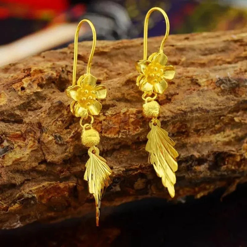 High quality 999 solid gold earrings 24K Bauhinia leaf real gold earrings AU750 luxury quality jewelry