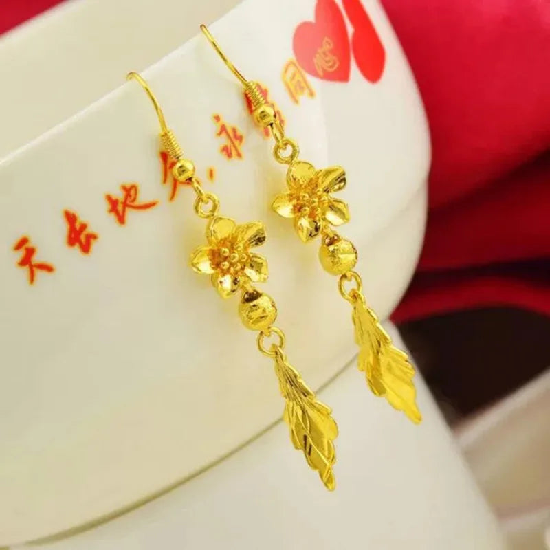 High quality 999 solid gold earrings 24K Bauhinia leaf real gold earrings AU750 luxury quality jewelry